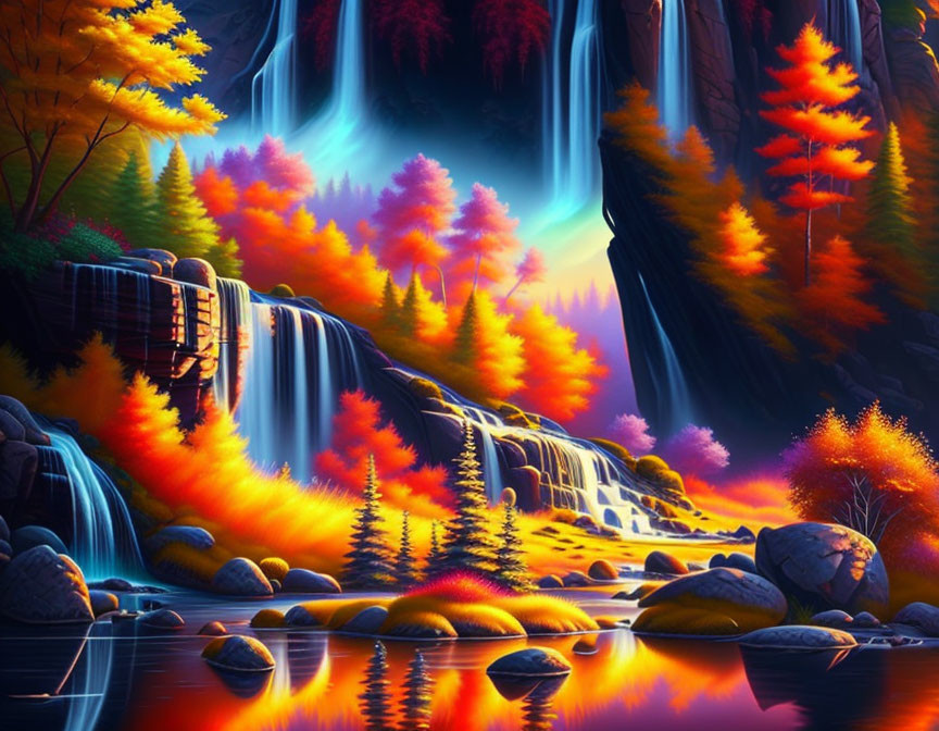 Colorful digital artwork: waterfall, autumn foliage, calm river, sunset landscape