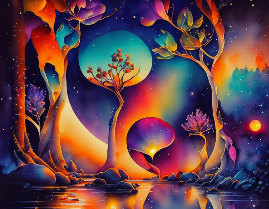 Colorful painting of magical trees and plants with aurora backdrop and reflective water.