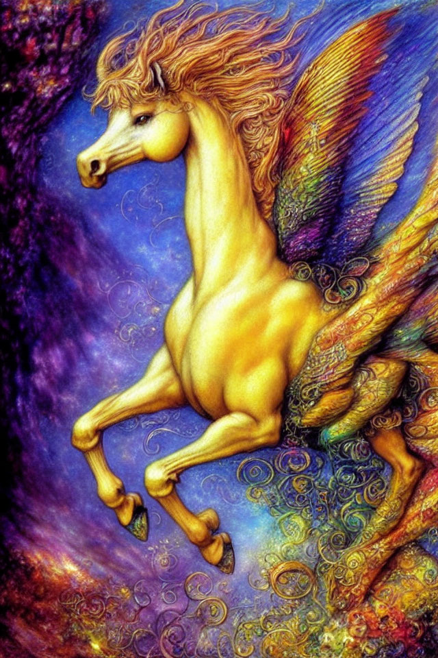 Mythical horse with golden fur and butterfly-like wings in cosmic setting