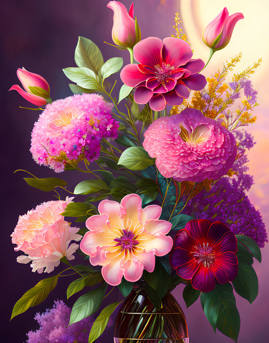 Colorful bouquet of pink peonies, red and pink flowers, green leaves in vase on purple