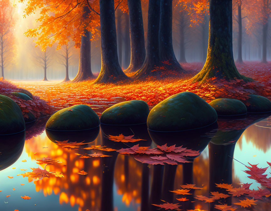 Tranquil Autumn Forest Scene with Golden Leaves and Reflective Water