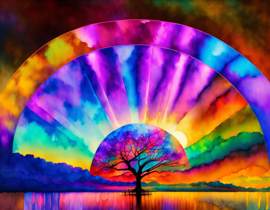 Colorful digital artwork: Tree silhouette, multicolored sky, mirrored water, rainbow.