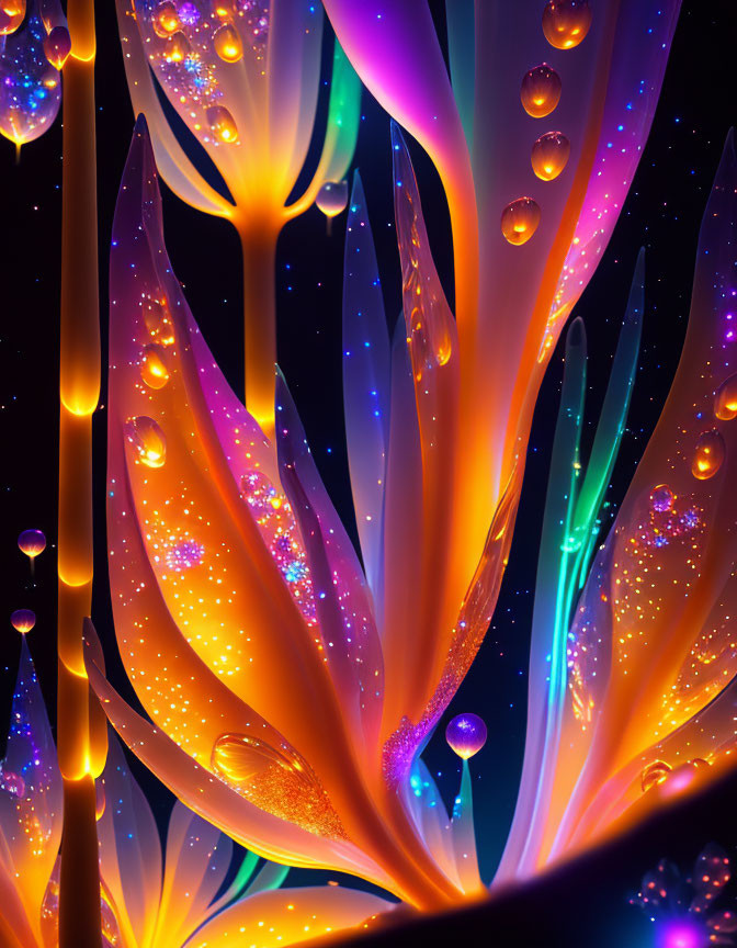 Colorful abstract floral shapes with neon glows and sparkling particles on dark background