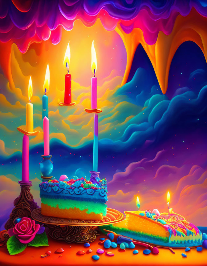 Colorful cake, candles, candies, rose on psychedelic sky backdrop