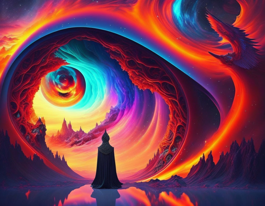 Cloaked figure in front of vibrant cosmic vortex with phoenix in surreal sky