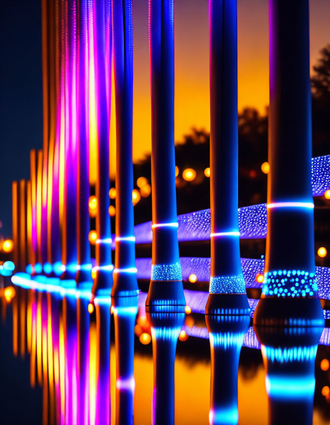 Twilight scene with vibrant purple and blue lights on vertical rods reflecting on water surface