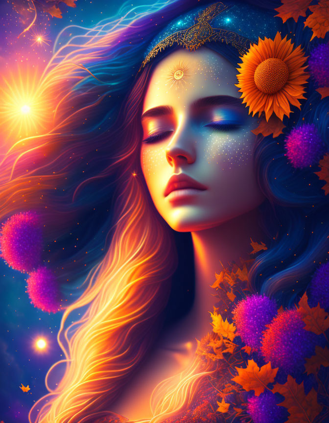 Woman's Face Blending with Cosmic Background and Nature Elements