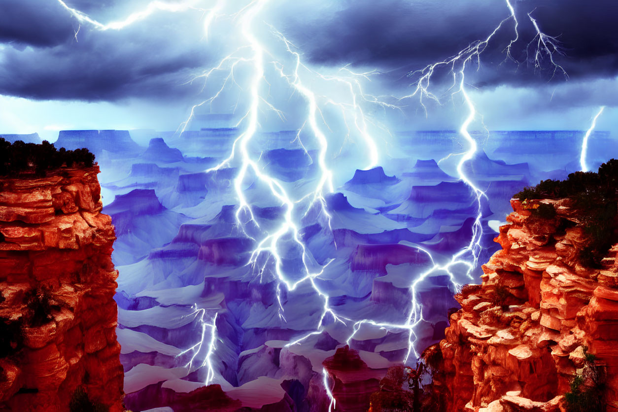 Dramatic Grand Canyon sky with multiple lightning strikes at dusk