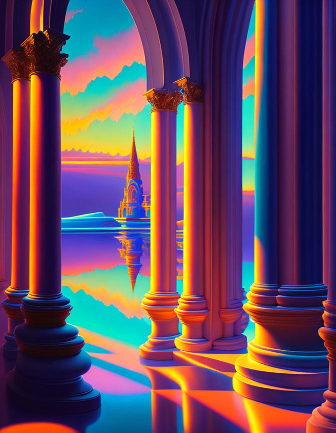 Fantasy landscape with castle, pillars, sunset sky, and calm waters