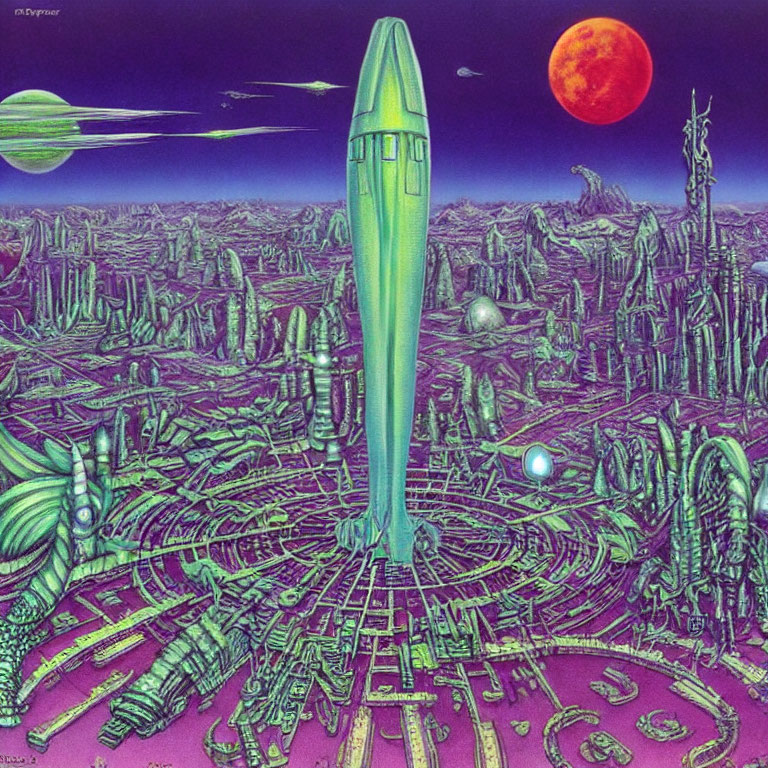 Colorful sci-fi illustration of green rocket on alien cityscape with futuristic structures under red moon and passing