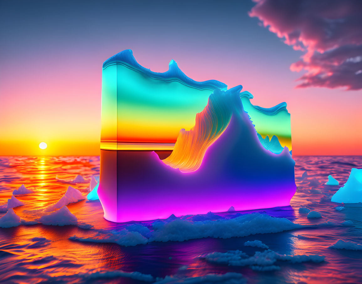 Colorful Digital Artwork: Iceberg in Sunset Sky