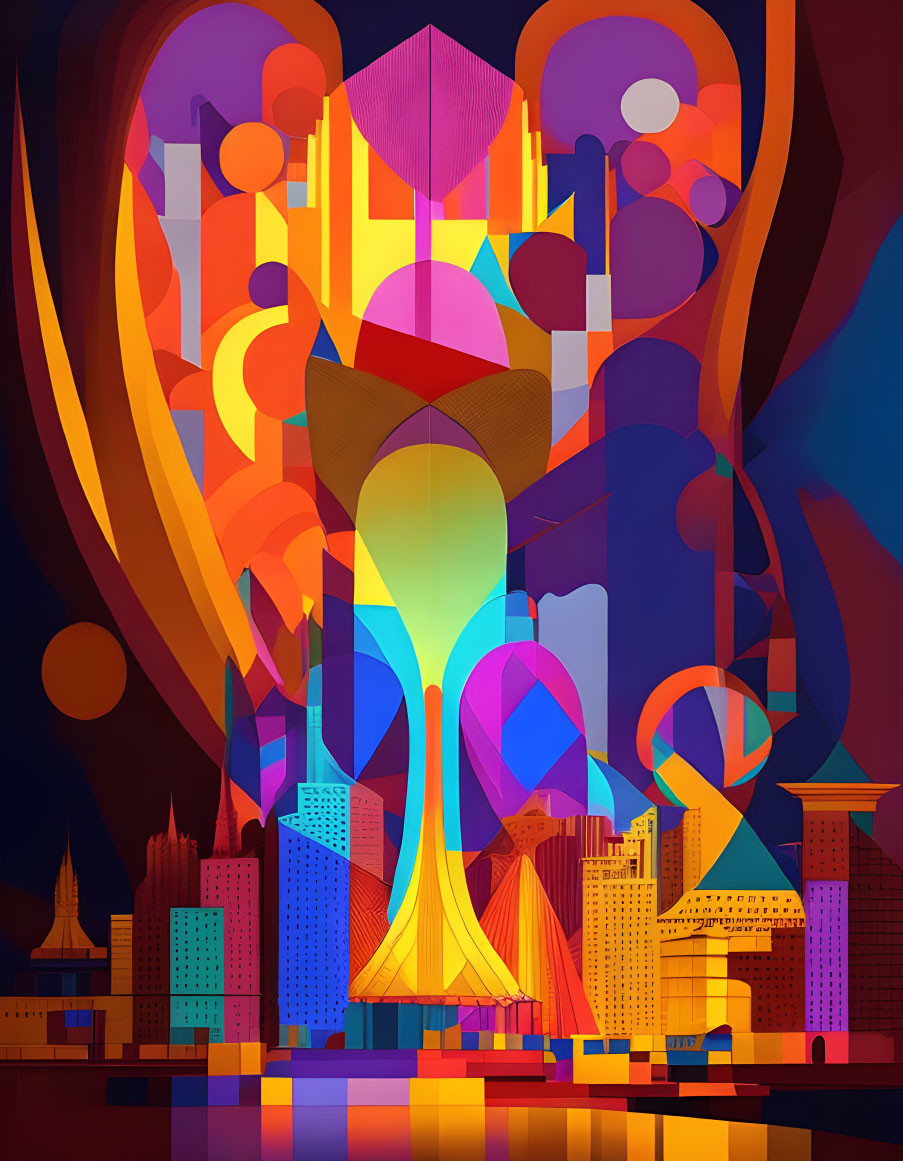 Colorful Abstract Cityscape with Geometric Shapes and Organic Patterns