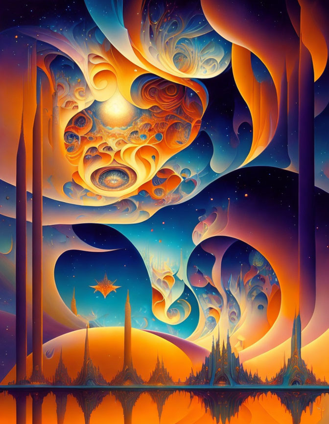 Colorful Surrealist Artwork with Swirling Patterns and Celestial Motifs