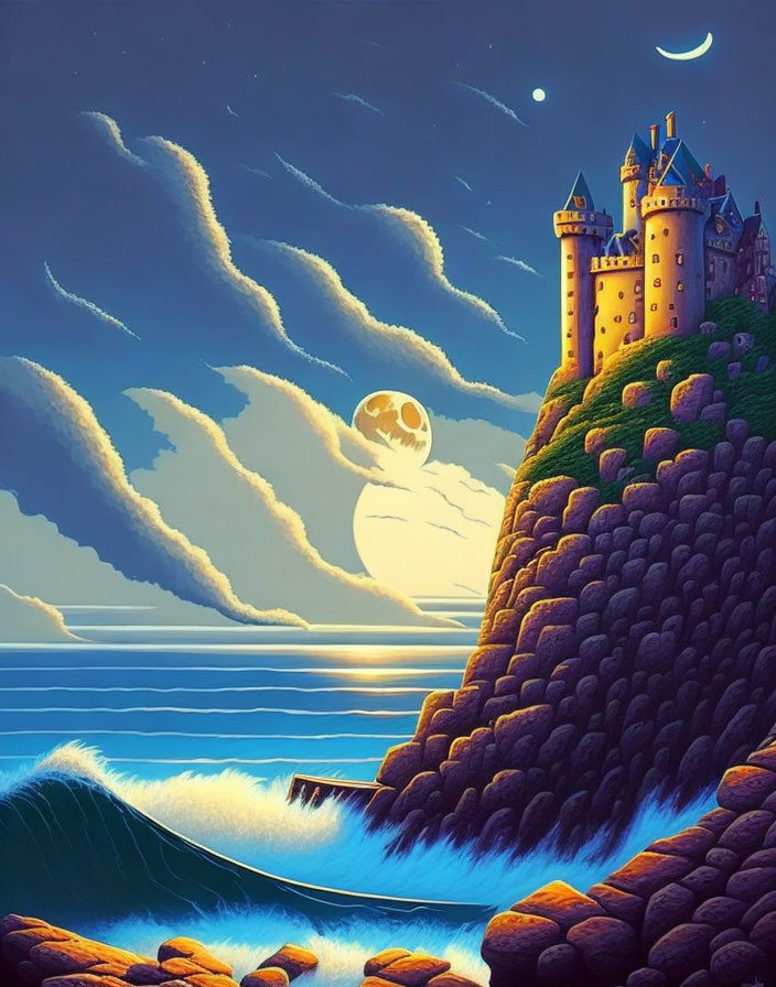 Illustration of cliffside castle at sunset with moon, stars, and ocean waves