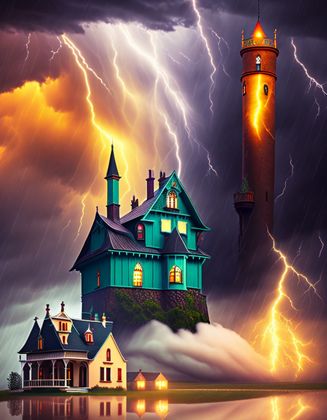 Whimsical house and tower under dramatic sky with lightning strikes