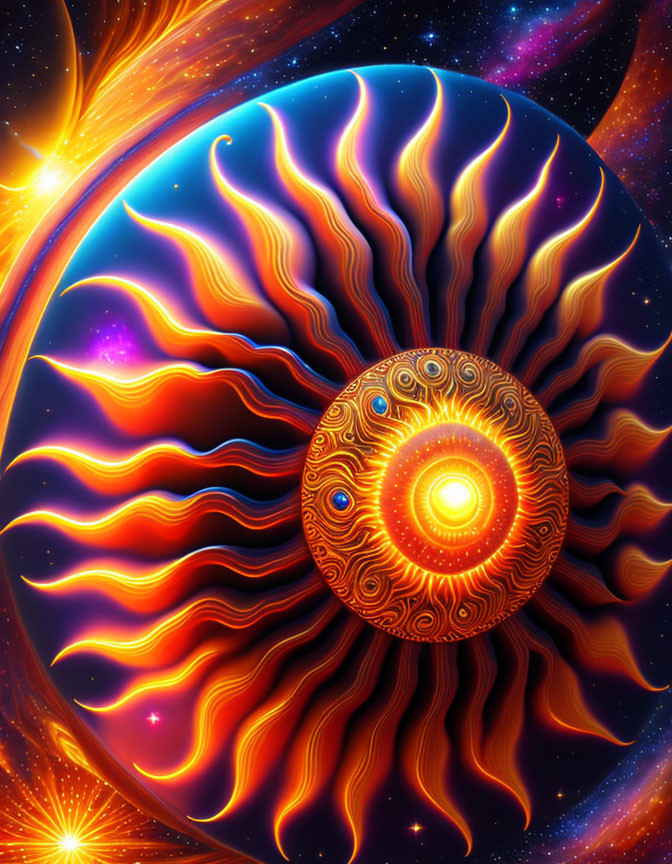 Colorful Psychedelic Digital Artwork with Flowing Pattern and Golden Orb