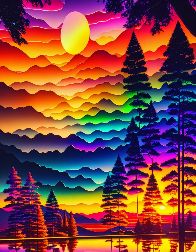 Scenic digital artwork of layered mountains at sunset