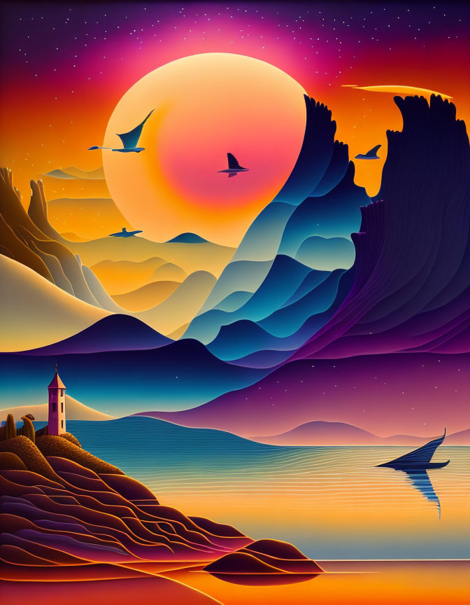 Colorful Coastal Sunset Illustration with Lighthouse, Birds, Boat, and Mountains