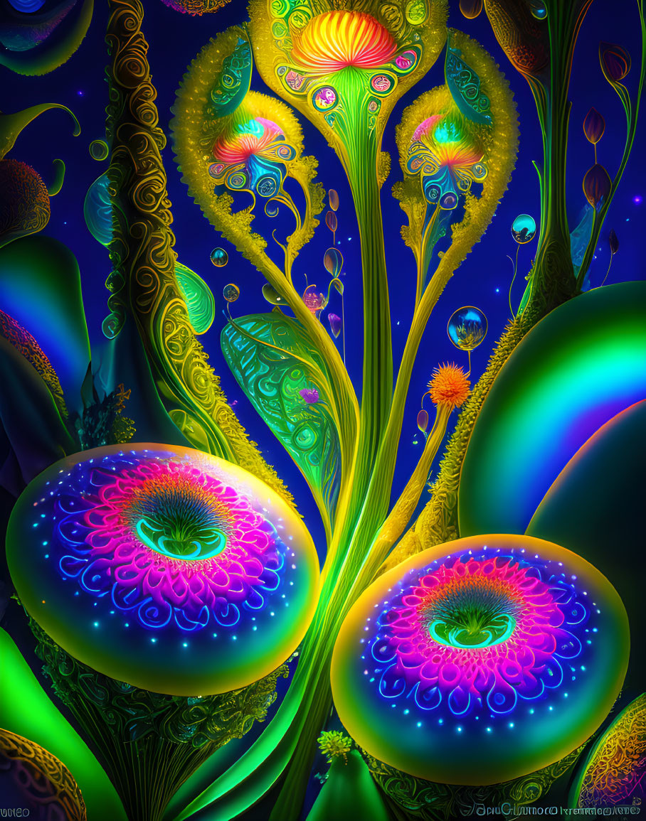 Colorful digital artwork: luminescent flower structures, intricate patterns, bubbles on dark background