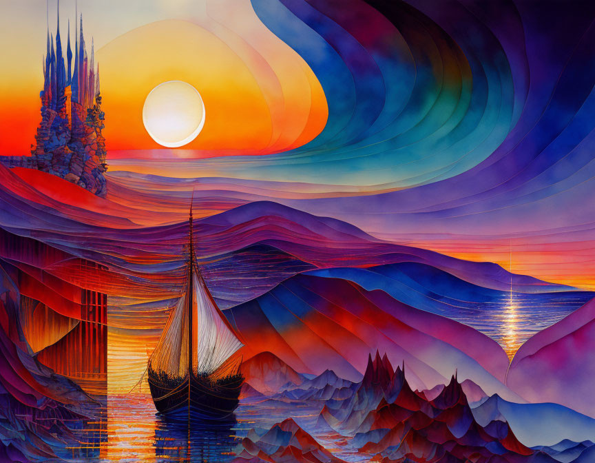 Colorful fantasy landscape with sailing ship, castle, and sunset sky