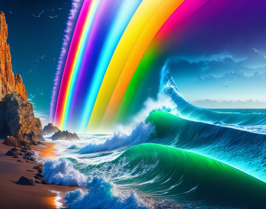 Rainbow merging with wave on beach near rocky cliffs under blue sky with birds