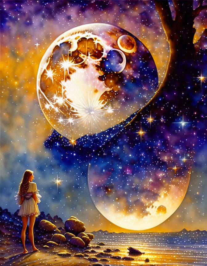 Woman gazing at surreal cosmic scene with moons and stars on starlit beach