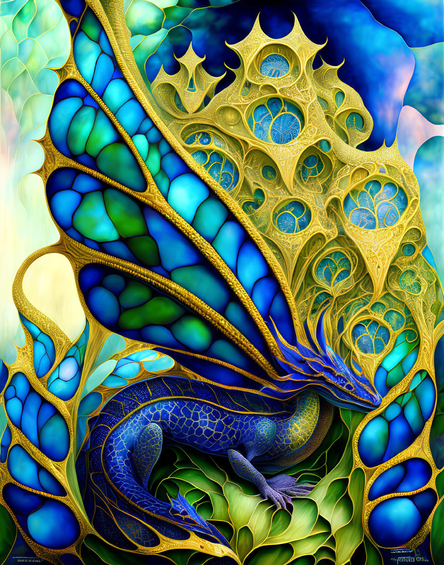 Detailed Blue Dragon Artwork with Golden Patterns and Butterfly Wings