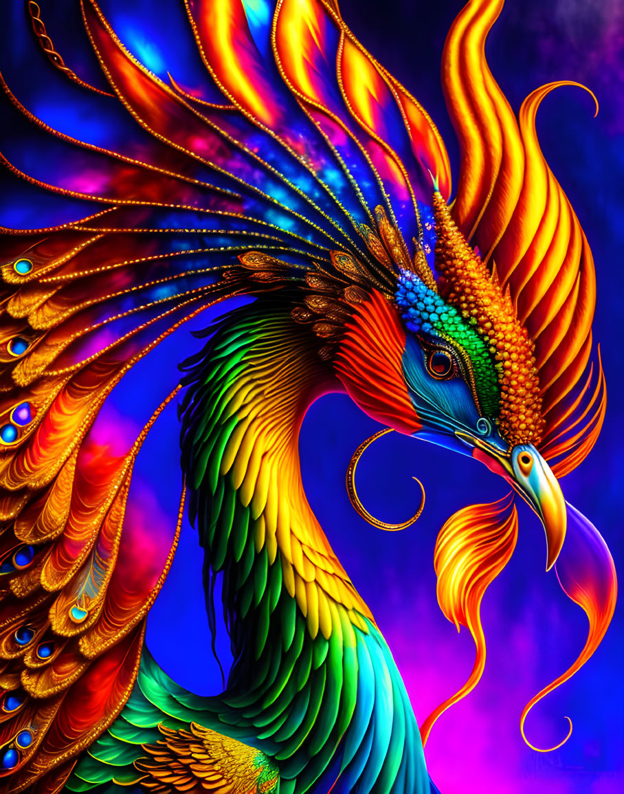 Mythical phoenix digital art with fiery plumage on blue-purple background