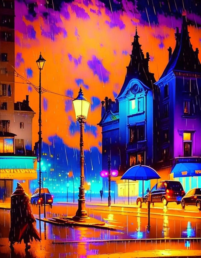 Nighttime street scene in rain: illuminated buildings, colorful reflections, umbrellas, cars