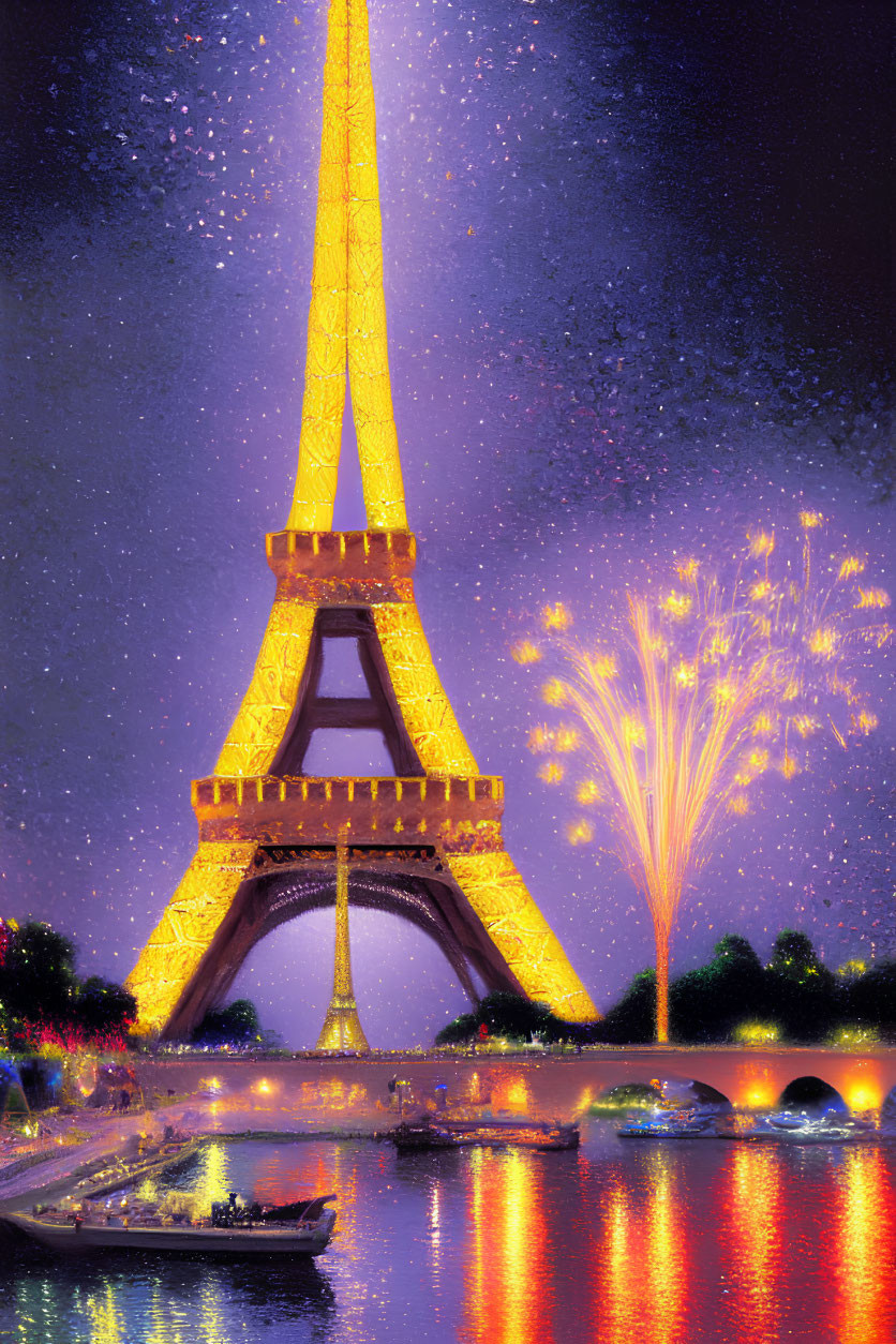 Iconic Eiffel Tower Night Scene with Fireworks and River Boats