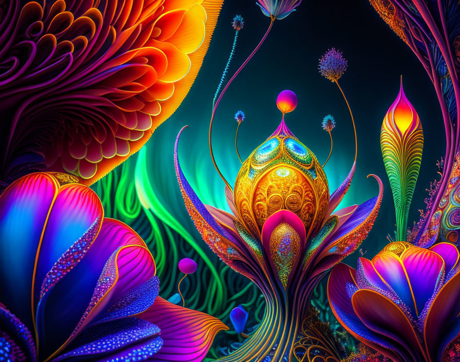 Colorful psychedelic digital art: neon floral and abstract patterns on dark background