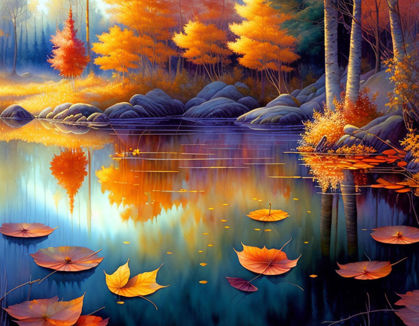 Tranquil autumn lake scene with colorful trees and floating leaves