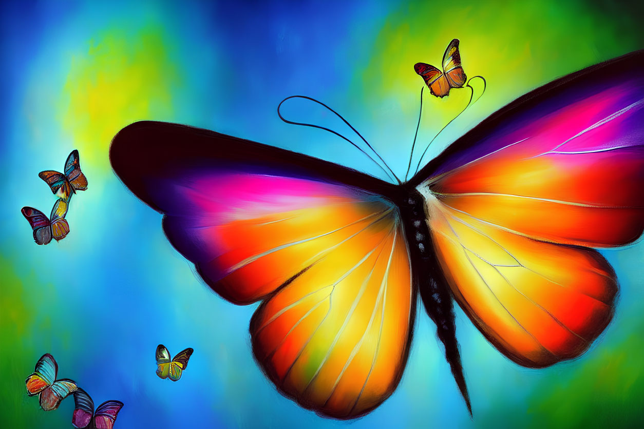 Colorful Butterfly Artwork on Abstract Blue and Green Background