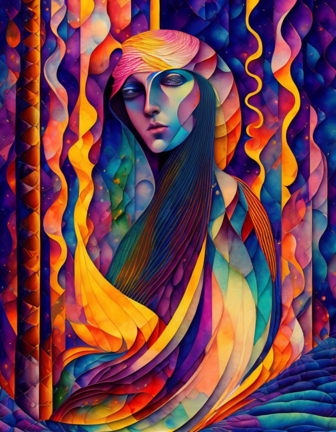 Colorful Stylized Portrait of Woman with Flowing Hair and Headband