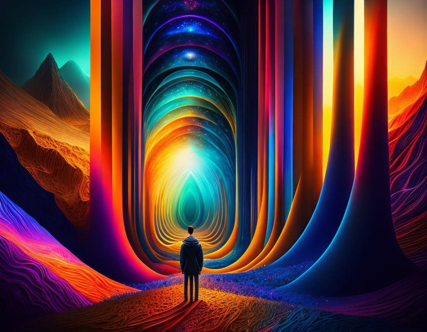 Surreal colorful portal with cosmic patterns and vibrant landscapes