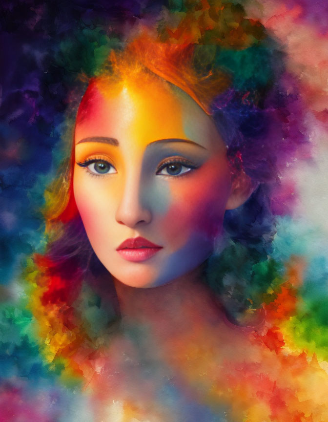 Colorful Clouds Surround Serene Woman Portrait