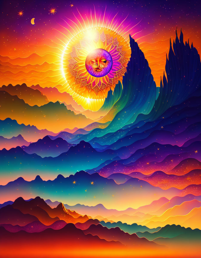 Colorful Stylized Sun with Human Face Over Surreal Landscape