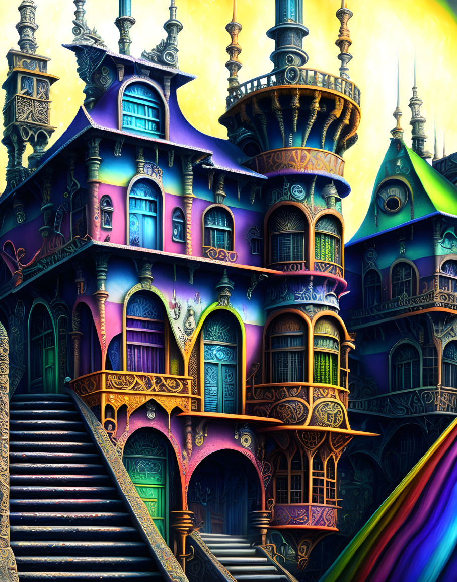 Vibrantly colored fantasy building with ornate details and turrets under otherworldly sky