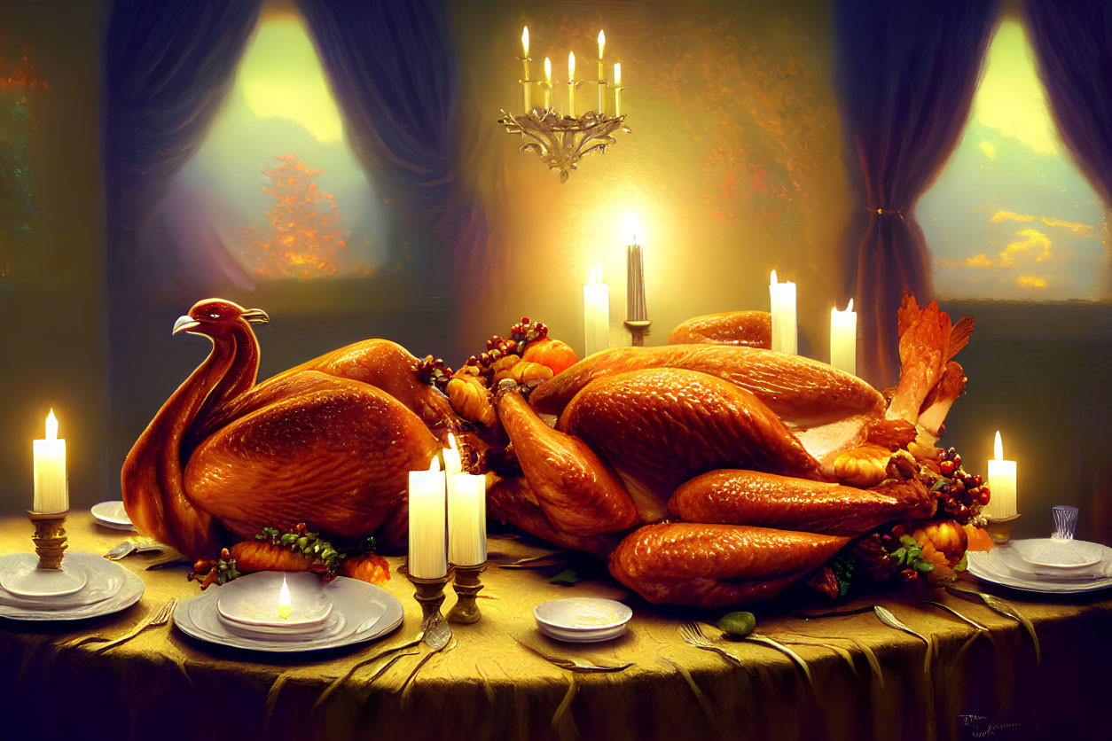 Festive Table Setting with Roasted Turkey, Candles, Fruits & Fine China