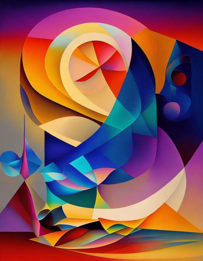 Vibrant abstract art with swirling geometric shapes in red, blue, purple, and yellow