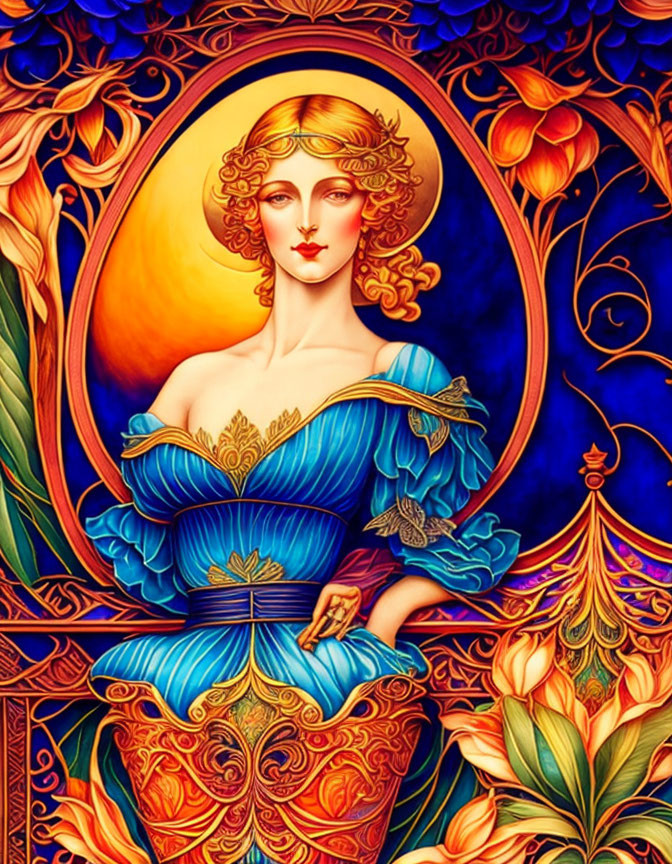 Art Nouveau Style Illustration of Woman with Golden Hair in Blue Dress