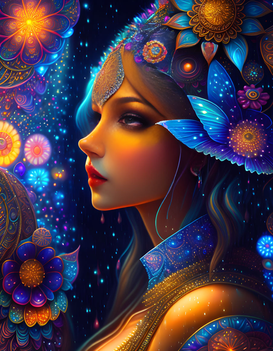 Colorful woman with glowing patterns and butterfly motifs on dark background