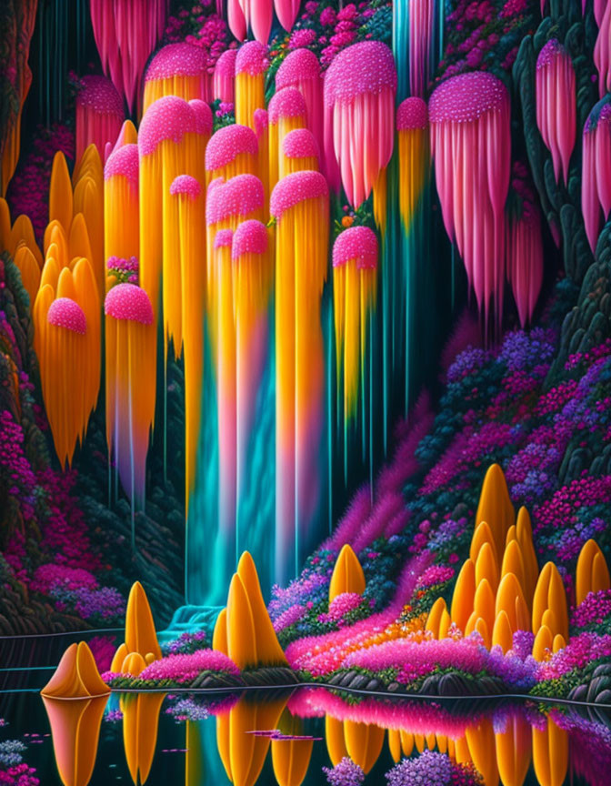 Fantastical Neon Landscape with Stylized Flora & Surreal Waterfalls