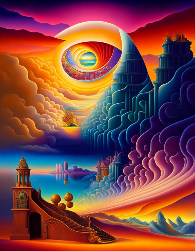 Colorful Surreal Landscape with Eye-like Sun and Church