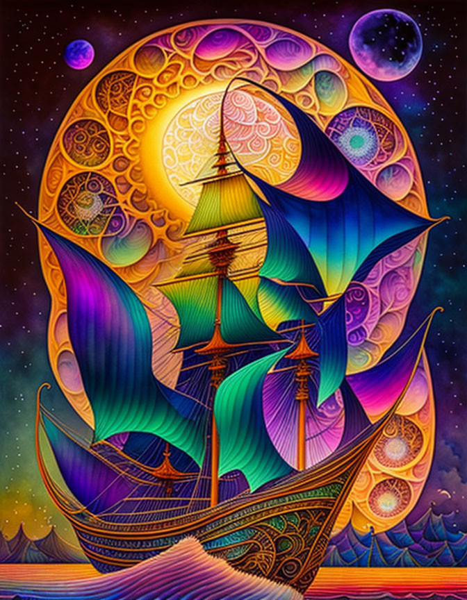 Colorful Fantastical Ship Illustration Against Cosmic Backdrop