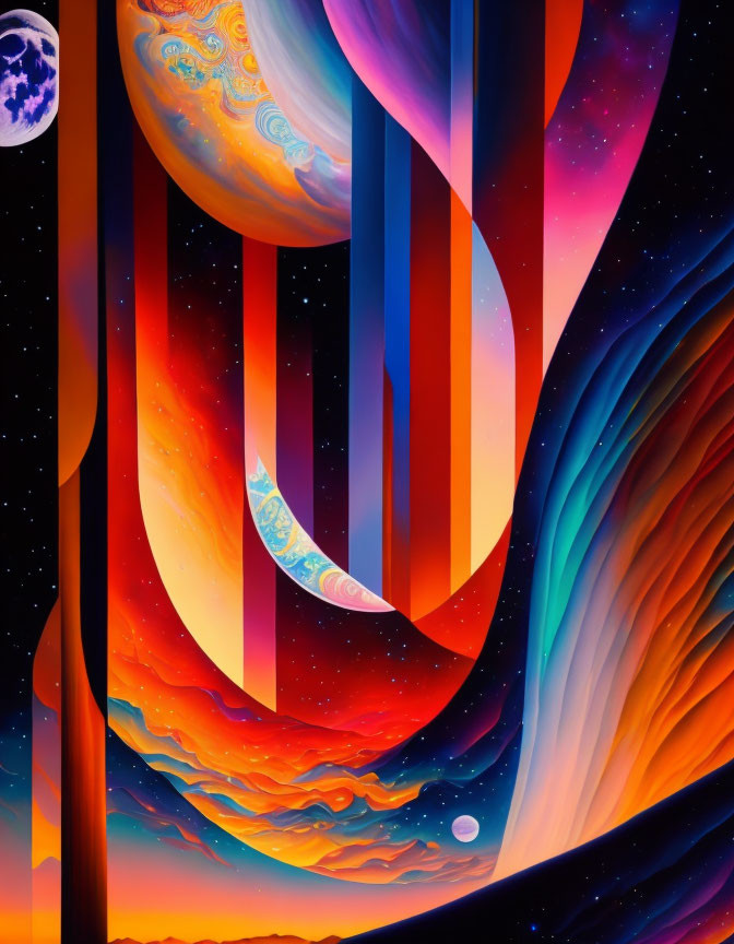 Colorful Abstract Artwork with Cosmic Elements and Fluid Shapes