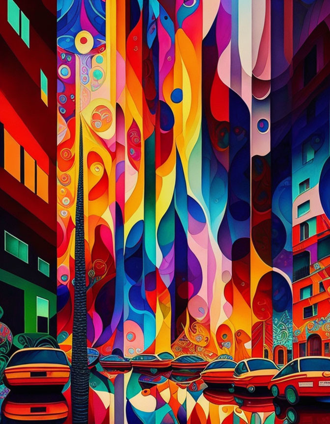 Colorful psychedelic forest scene with abstract shapes and parked cars