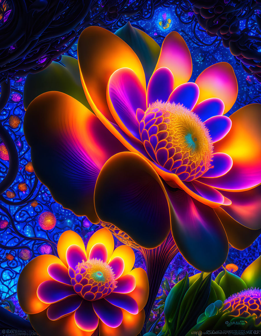 Neon-colored fractal flowers on dark textured background