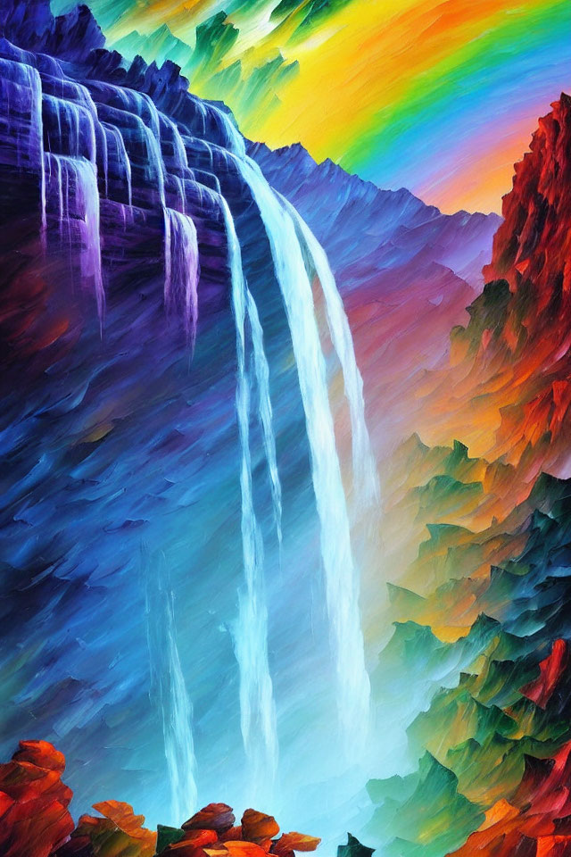 Colorful waterfall painting with rainbow and mountain range