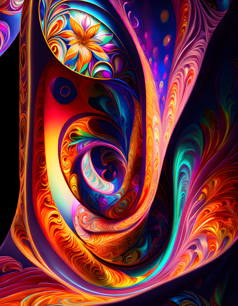 Colorful Fractal Art: Swirling Patterns in Blues, Oranges, and Purples